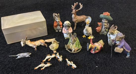 16 Beatrix Potter cold painted bronzes, other animals and a mother of pearl box